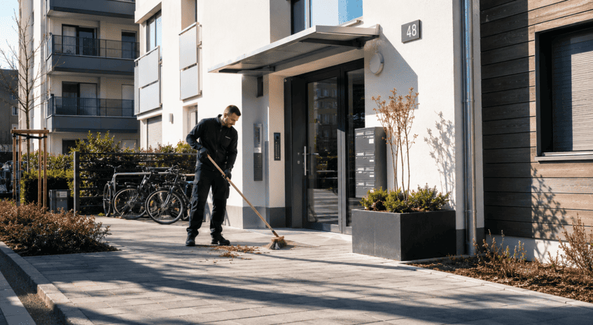 Hausbetreuer vor moderner Wohnanlage in Wien bei der Reinigung und Pflege einer Wohnhausanlage