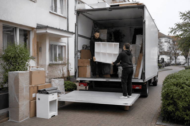 Wohnungsentrümpelung mit aussortierten Möbeln, Kartons und Sperrmüll in einer Wohnung.