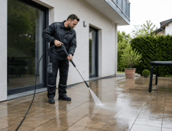 Unsere Terrassenreinigung entfernt hartnäckige Verschmutzungen, Algen und Verwitterungsspuren und bringt Ihre Terrasse wieder zum Strahlen.