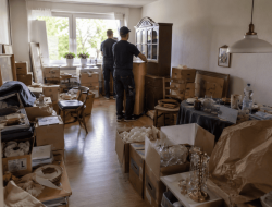 Haushaltsauflösung mit sortierten Umzugskartons, Möbeln und Hausrat in einer Wohnung.